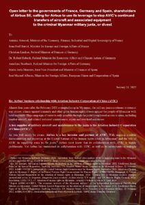 [Announcement] Open letter to the governments of France, Germany and Spain, shareholders of Airbus SE, calling for Airbus to use its leverage to stop AVIC’s continued transfers of aircraft and associated equipment to the criminal Myanmar military junta, or divest